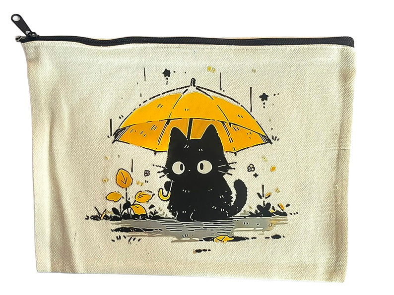 Trousse multifonctions souple en toile/coton impression 1 face, chaton n’aime pas la pluie 26*18cm