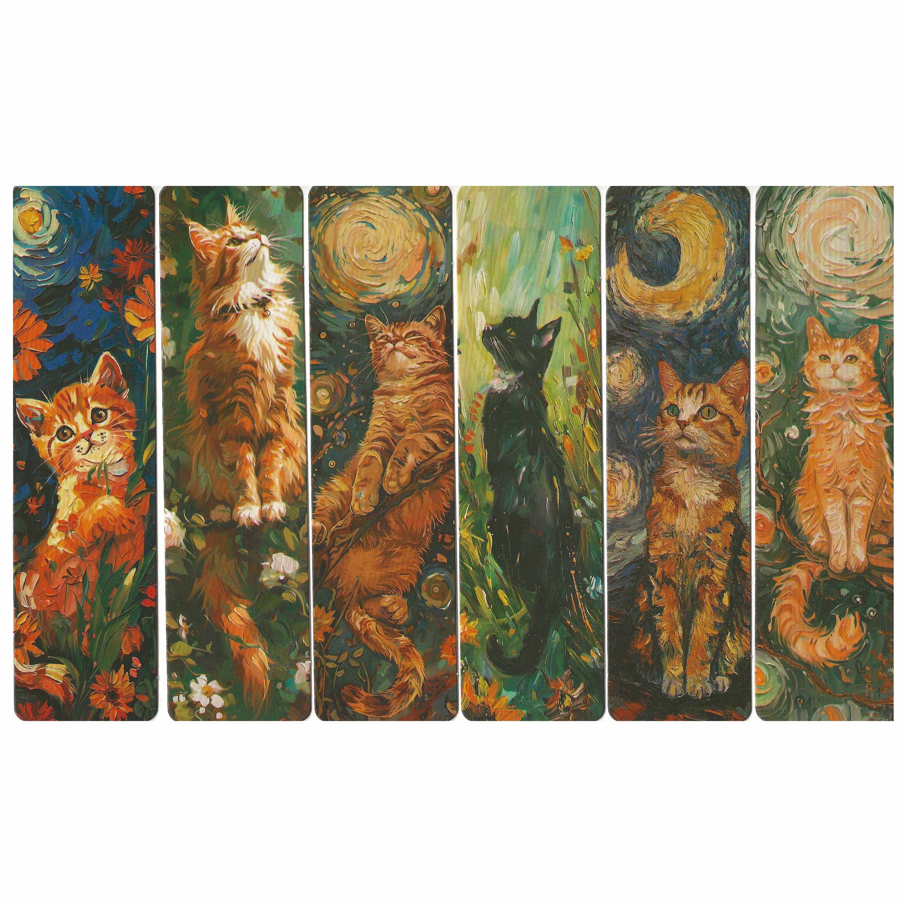 Lot de 6 marque-pages 15*4cm, impression 1 face sur papier cartonné épais, portraits de chats dans l'environnement de Van Gogh