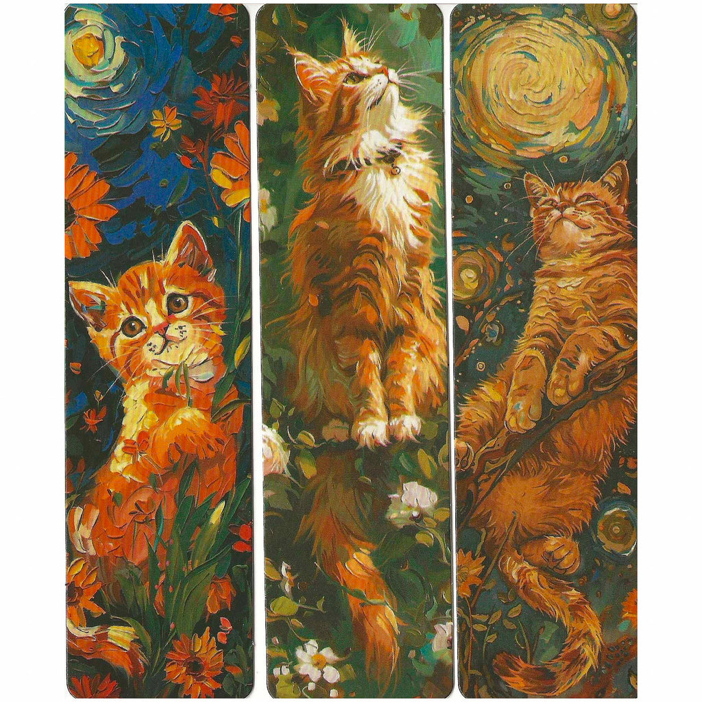 Lot de 6 marque-pages 15*4cm, impression 1 face sur papier cartonné épais, portraits de chats dans l'environnement de Van Gogh