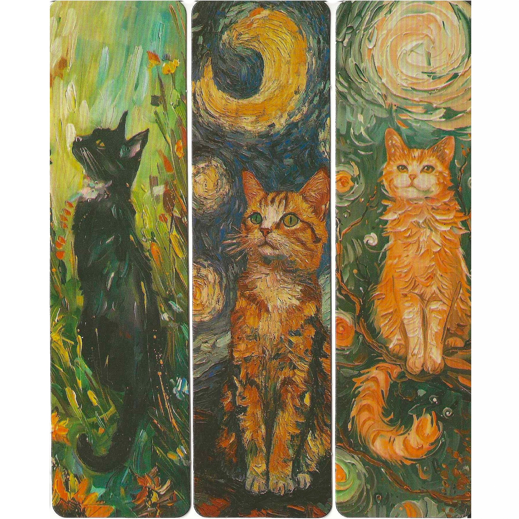 Lot de 6 marque-pages 15*4cm, impression 1 face sur papier cartonné épais, portraits de chats dans l'environnement de Van Gogh