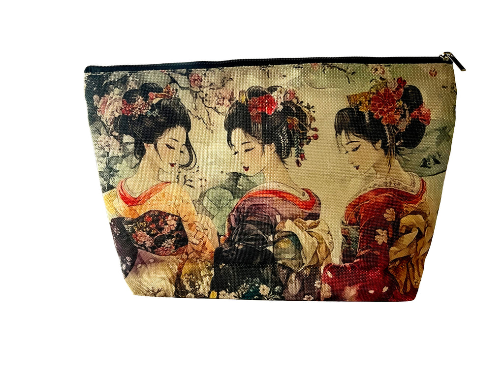 Trousse cosmétiques multifonctions en toile, 27,5*18cm, fond 5,5cm, impression double face, portrait de trois belles japonaises en habits traditionnels