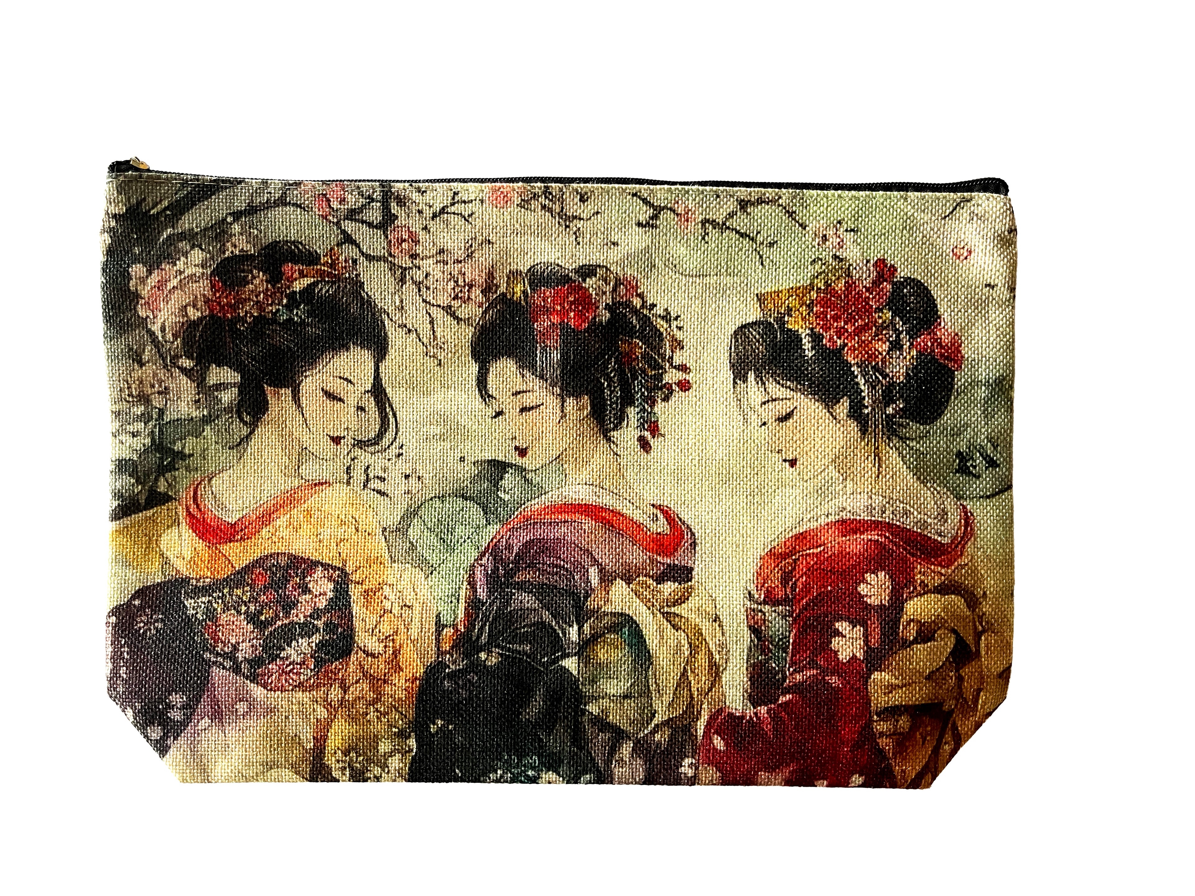 Trousse cosmétiques multifonctions en toile, 27,5*18cm, fond 5,5cm, impression double face, portrait de trois belles japonaises en habits traditionnels