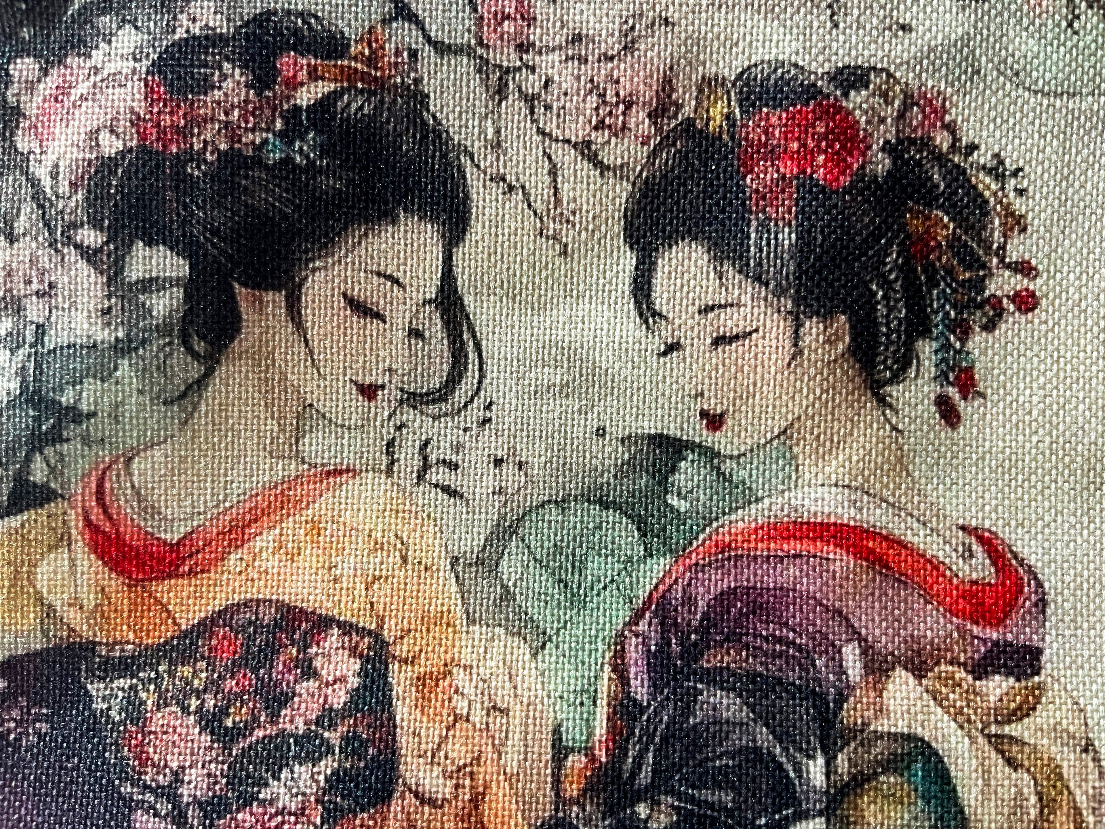 Trousse cosmétiques multifonctions en toile, 27,5*18cm, fond 5,5cm, impression double face, portrait de trois belles japonaises en habits traditionnels