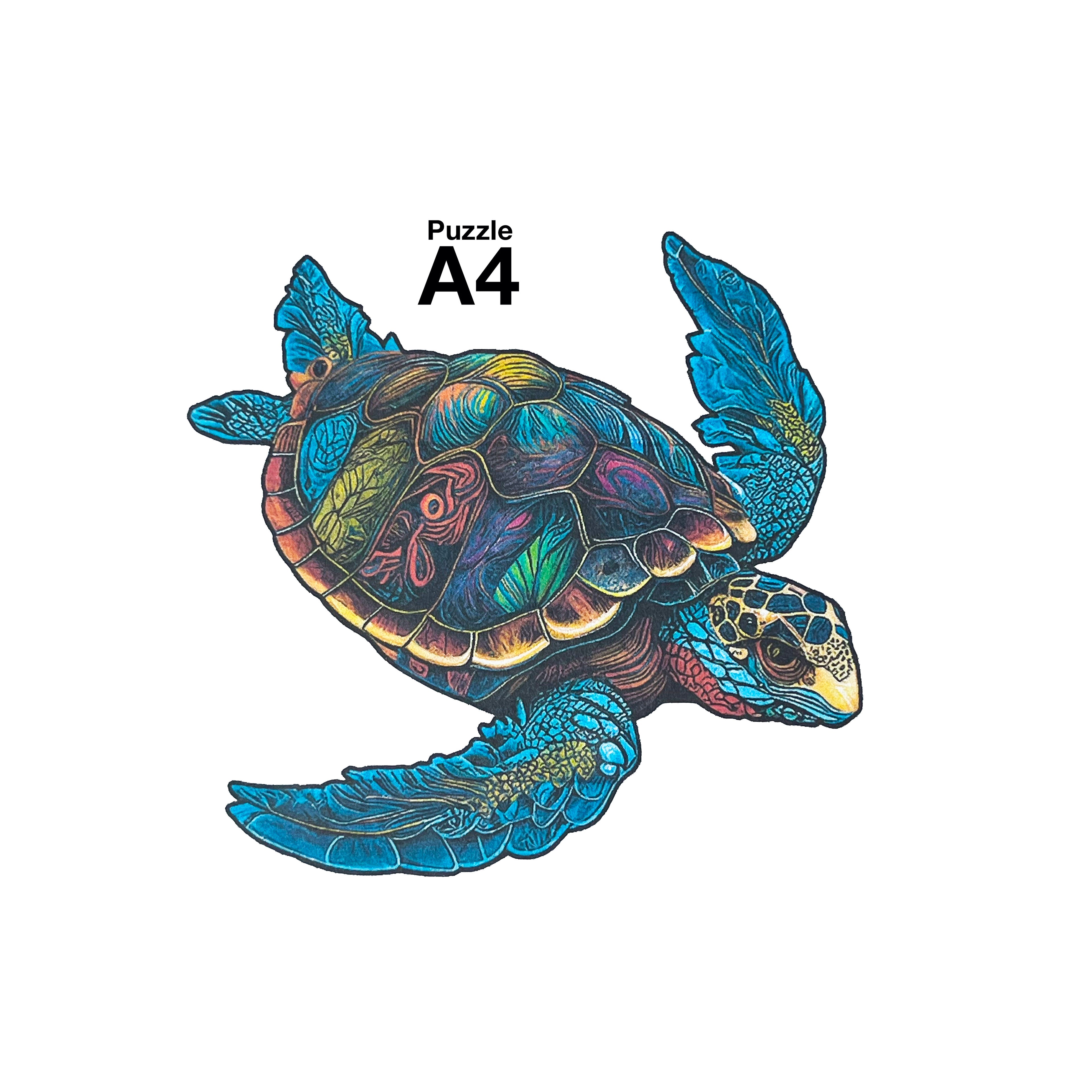 Puzzle A4 en bois laminé dans une boîte cartonnée avec sac de transport et reproduction. Pièces irrégulières uniques rendant l'assemblage encore plus enrichissant, La Tortue de mer