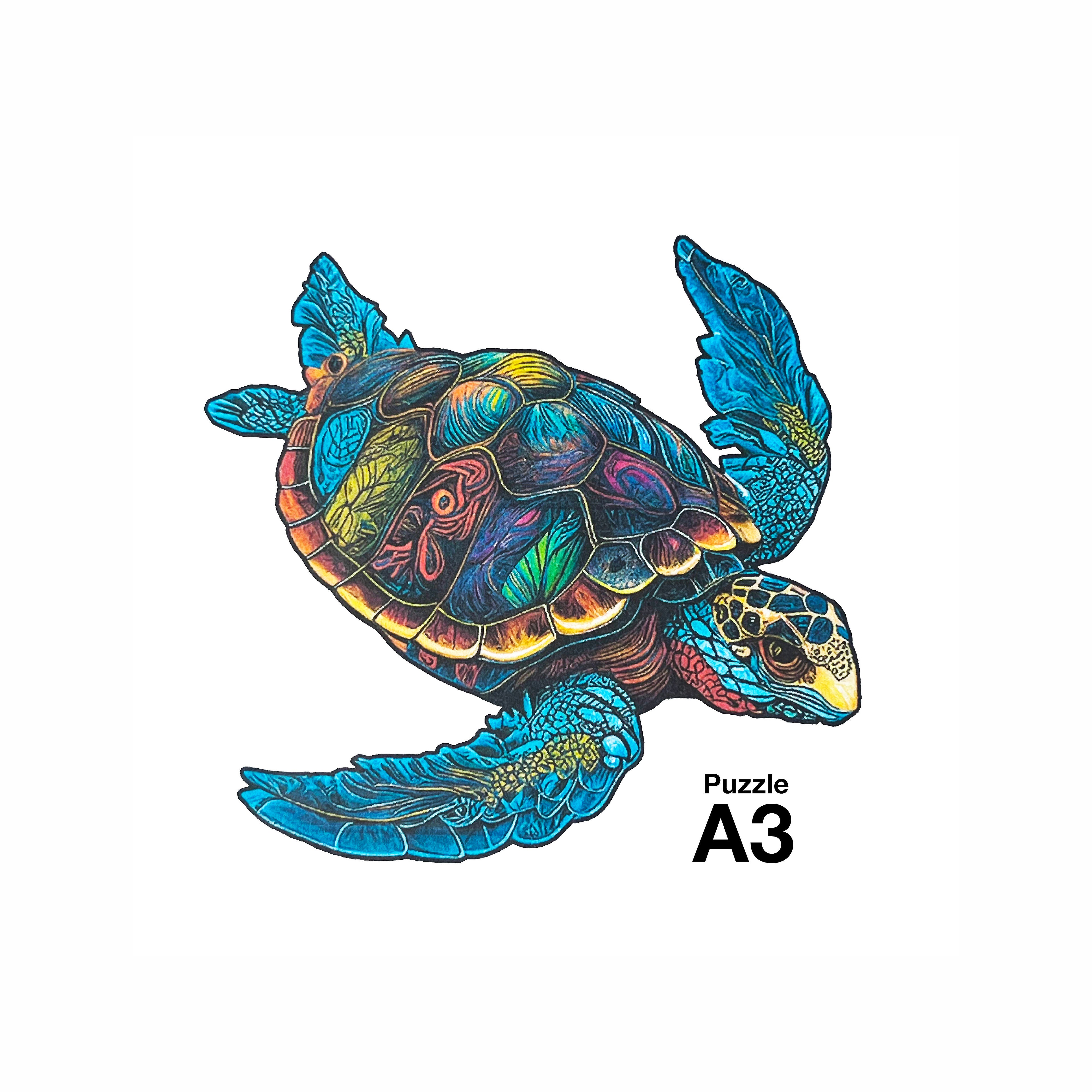 Puzzle A3 en bois laminé dans une boîte cartonnée avec sac de transport et reproduction. Pièces irrégulières uniques rendant l'assemblage encore plus enrichissant, La Baleine Bleue