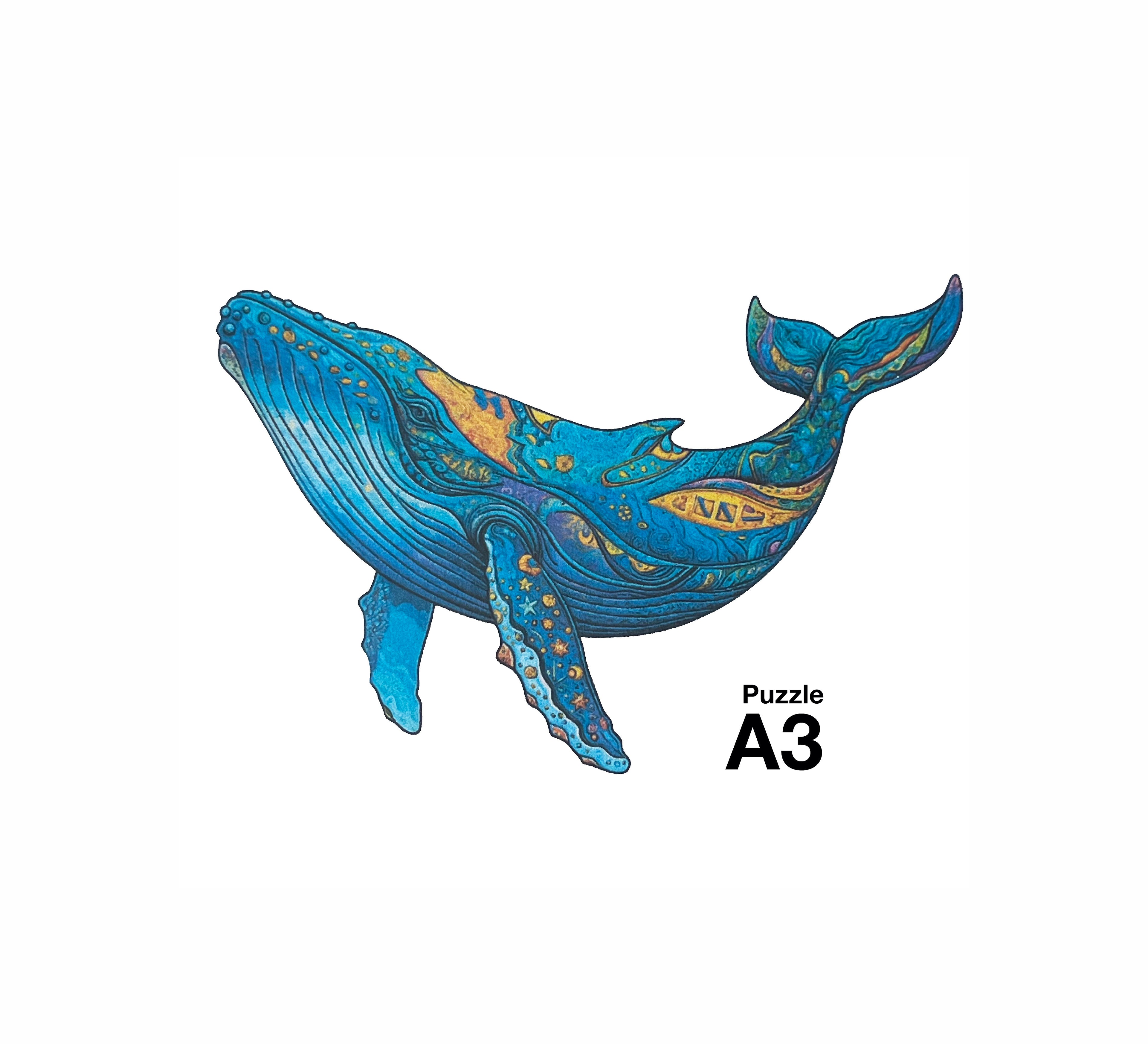 Puzzle A3 en bois laminé dans une boîte cartonnée avec sac de transport et reproduction. Pièces irrégulières uniques rendant l'assemblage encore plus enrichissant, La Baleine Bleue