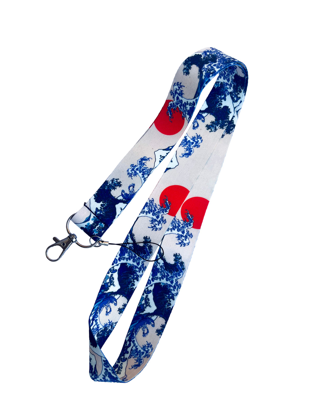 Lanière de cou pour téléphone, clés ou carte de transport avec attache motif la vague de Kanagawa et soleil rouge