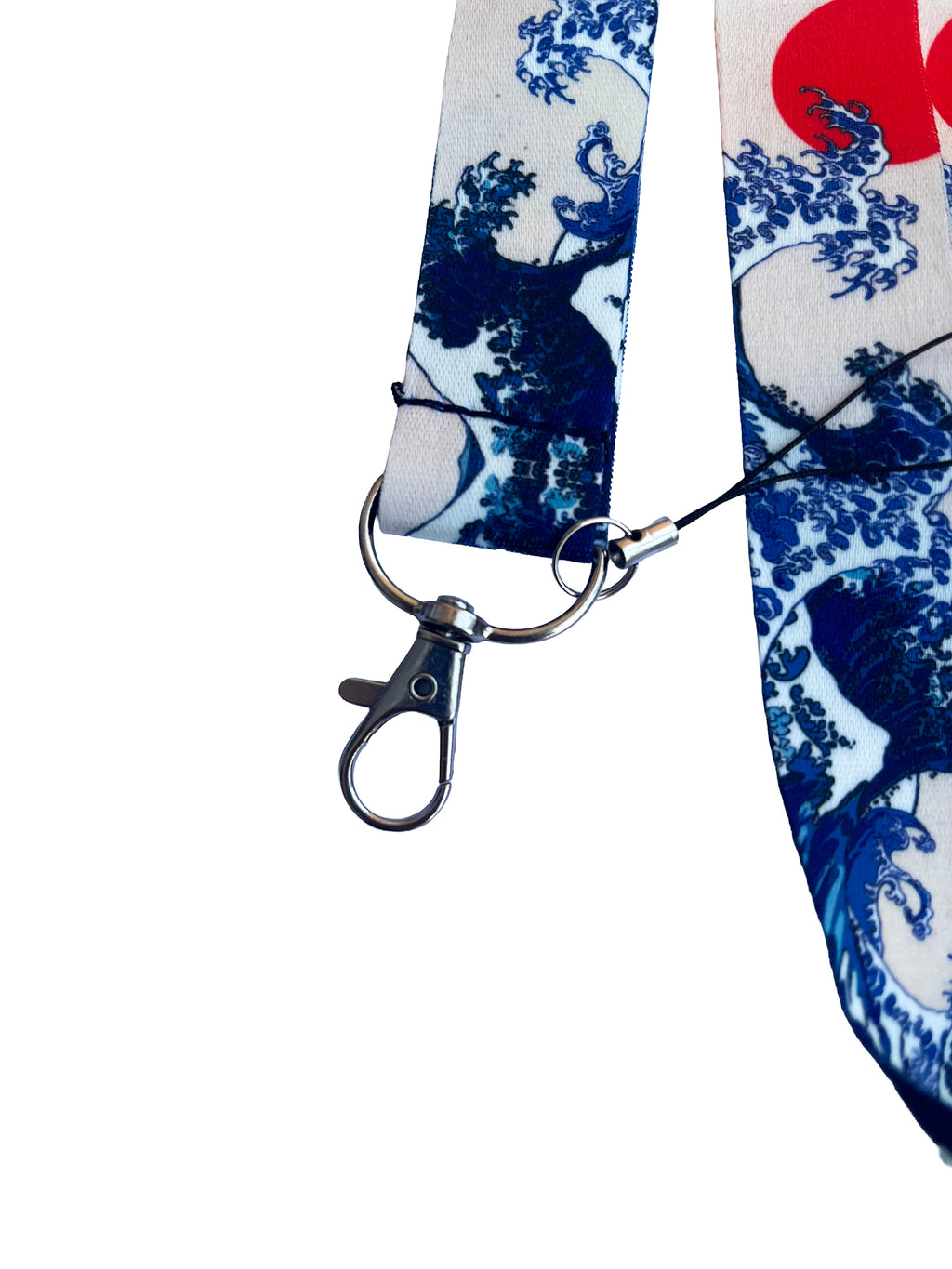 Lanière de cou pour téléphone, clés ou carte de transport avec attache motif la vague de Kanagawa et soleil rouge