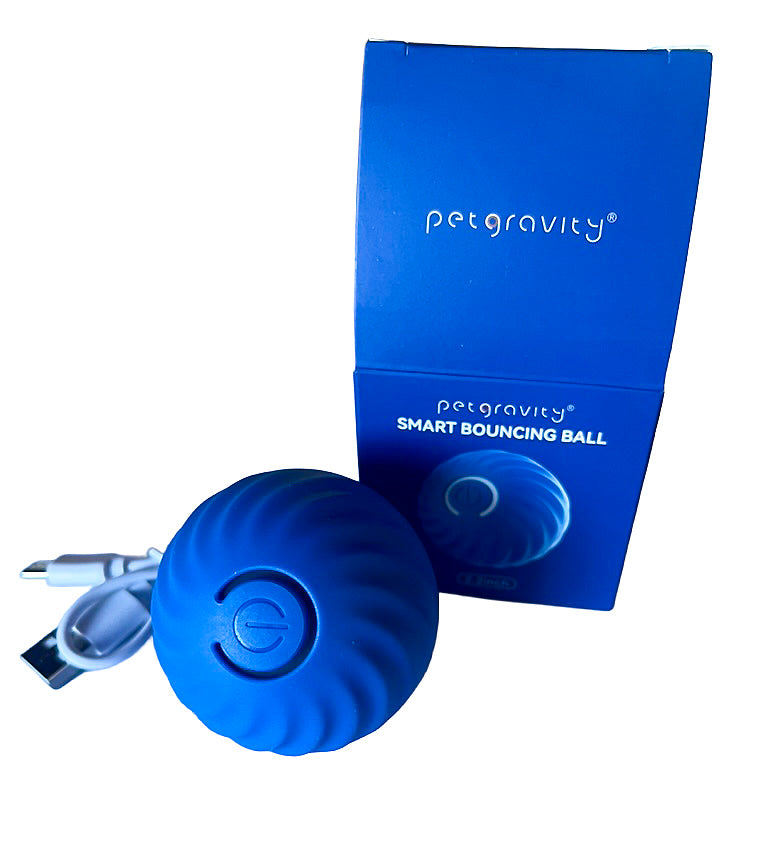 Balle sauteuse interactive bleue 5,6cm de diamètre pour chien, fourni avec batterie rechargeable intégrée et chargeur USB